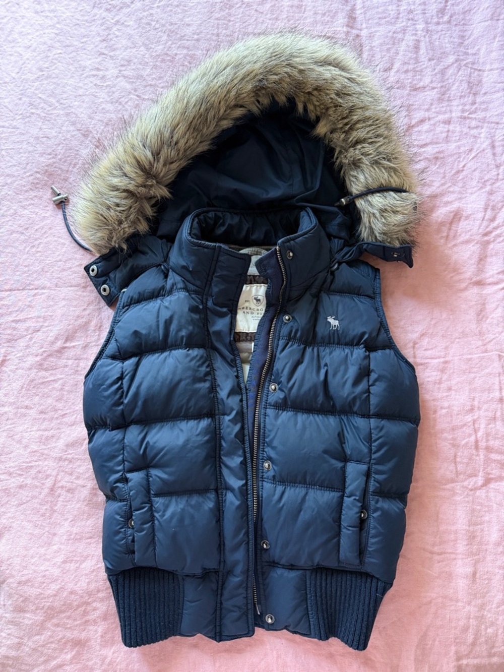 Vintage Cropped Abercrombie & Fitch Navy Blue Quilted Puffer Vest with Fur Hood